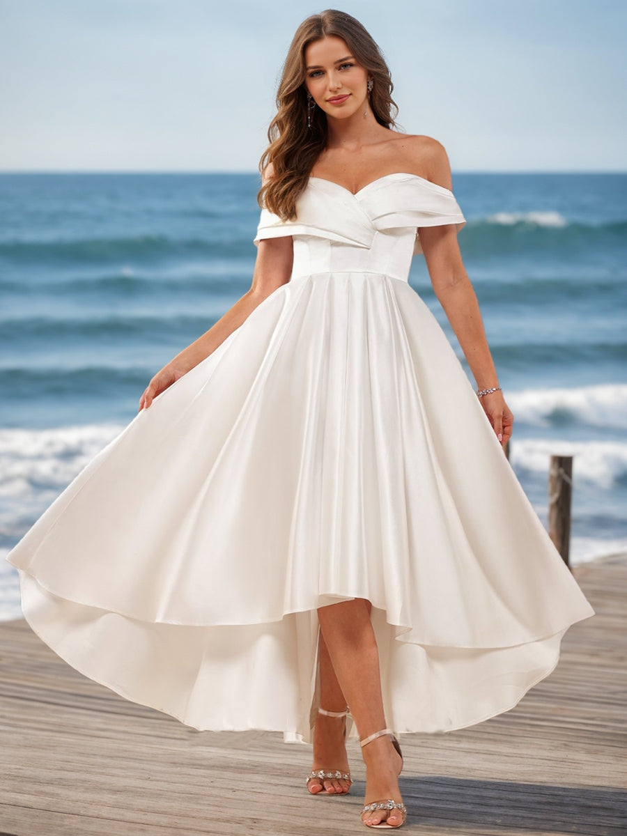 A-Line/Princess Off-the-Shoulder Short Sleeves Bow knot Wedding Dresses