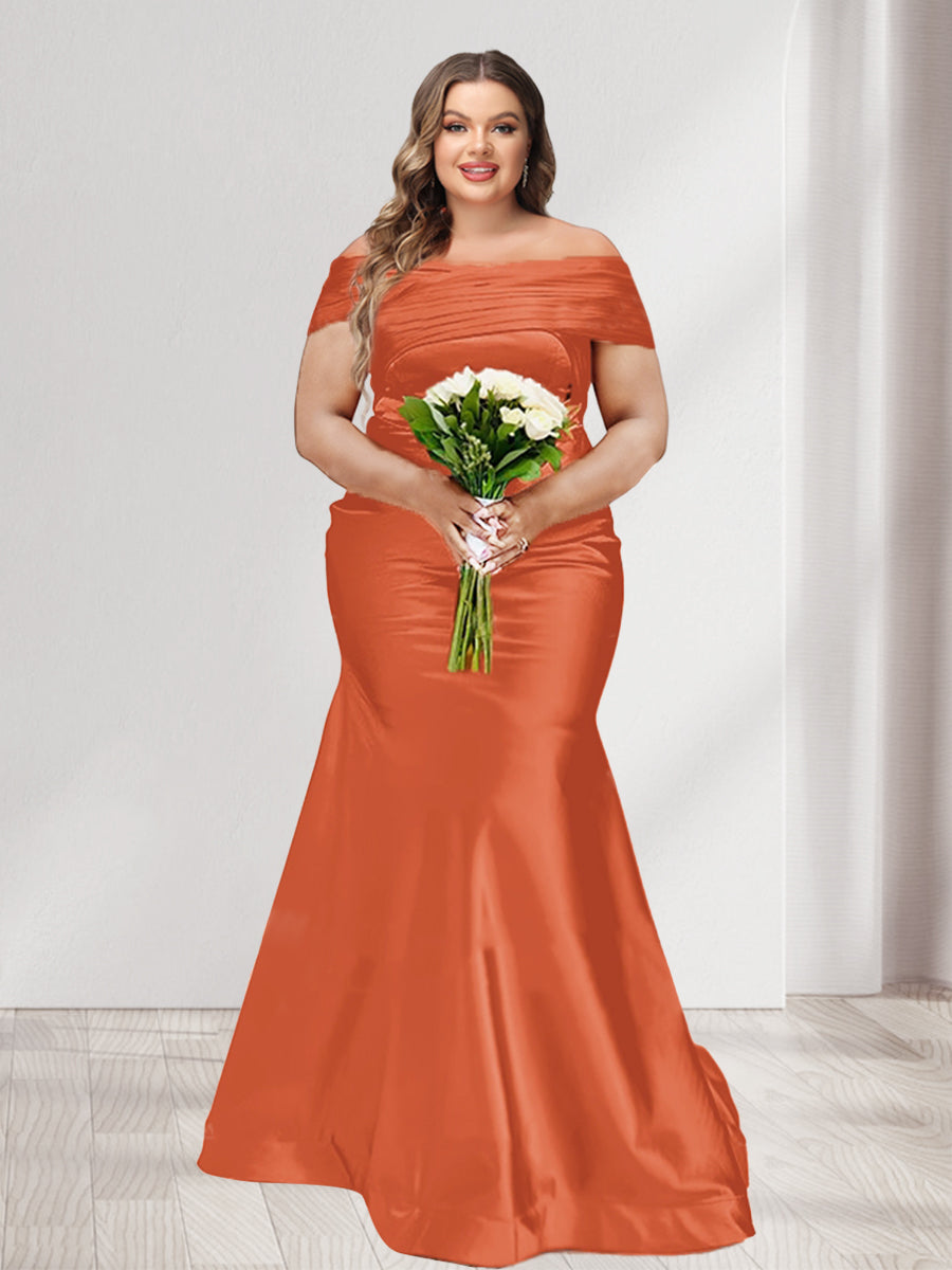 Trumpet/Mermaid Off-the-Shoulder Short Sleeves Ruched Plus Size Bridesmaid Dresses