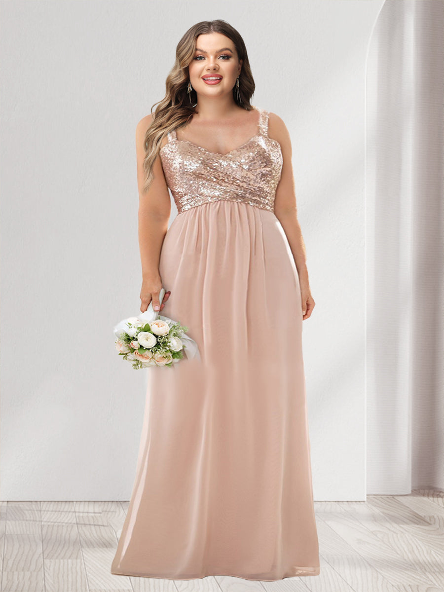 A-Line/Princess V-Neck Sleeveless Sequins Plus Size Bridesmaid Dresses