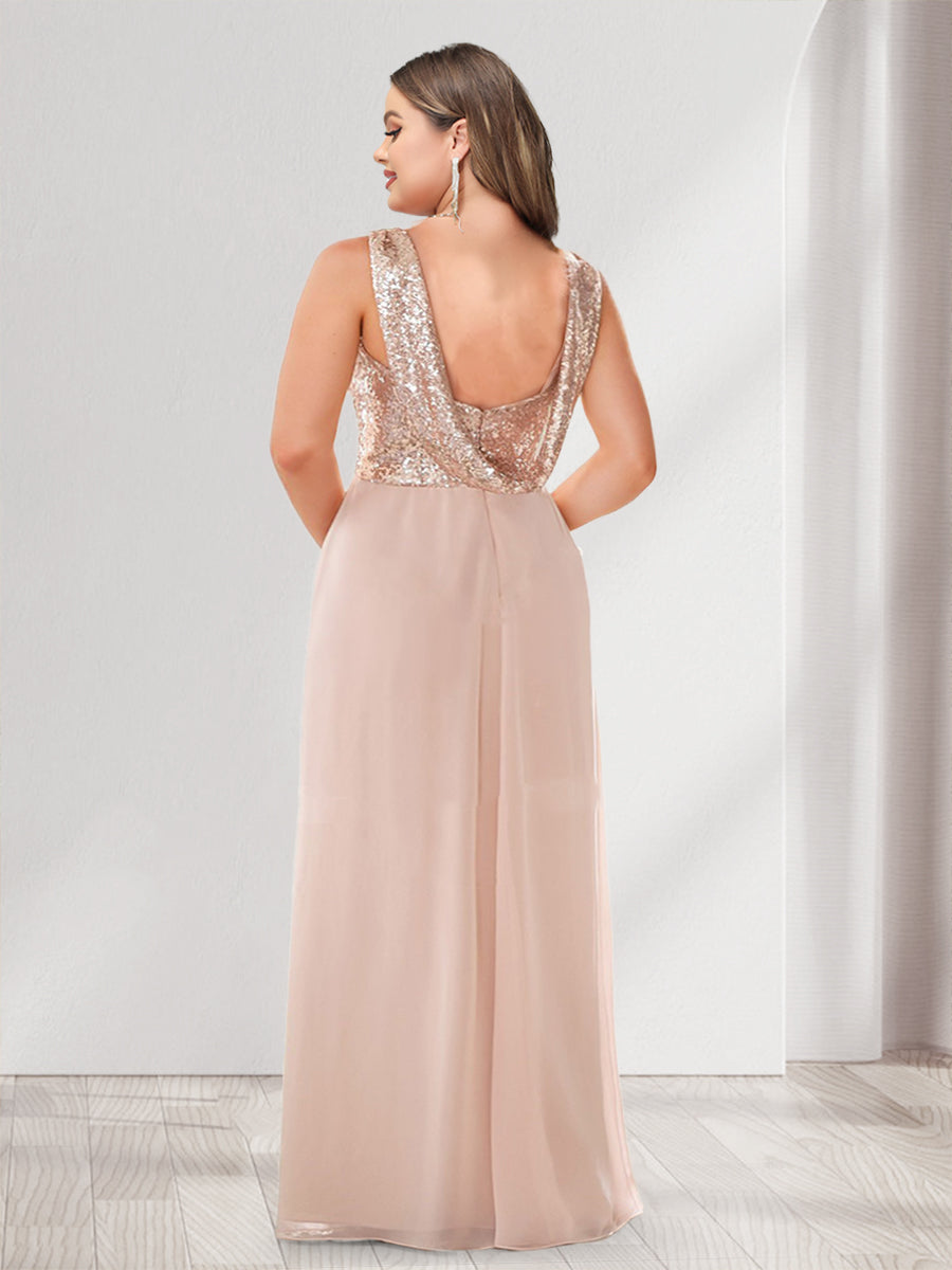 A-Line/Princess V-Neck Sleeveless Sequins Plus Size Bridesmaid Dresses