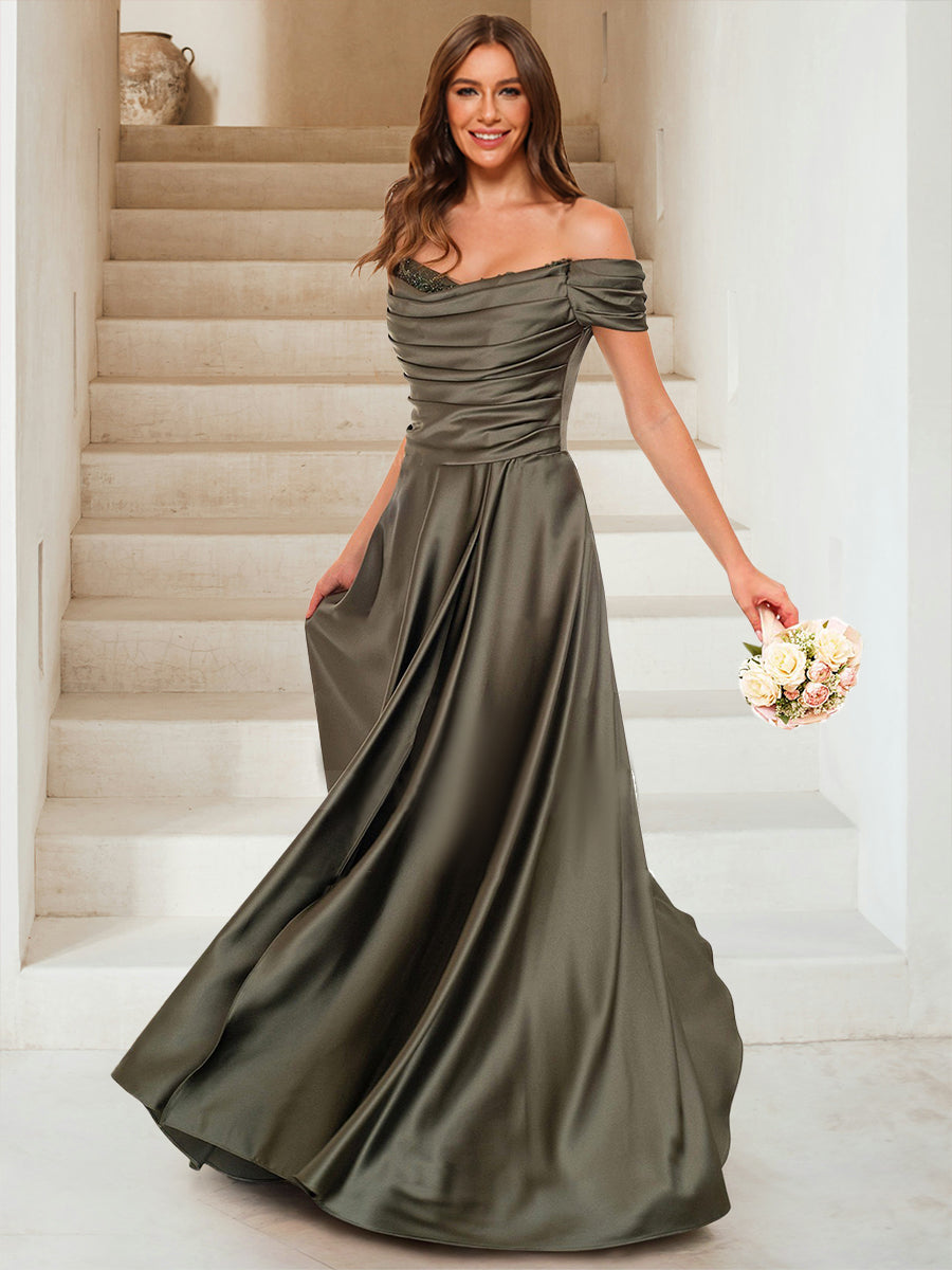 A-Line/Princess Off-the-Shoulder Sleeveless Beading Bridesmaid Dresses