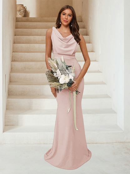 Trumpet/Mermaid Cowl Neck Sleeveless Ruched Bridesmaid Dresses