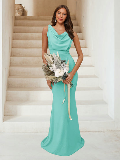 Trumpet/Mermaid Cowl Neck Sleeveless Ruched Bridesmaid Dresses