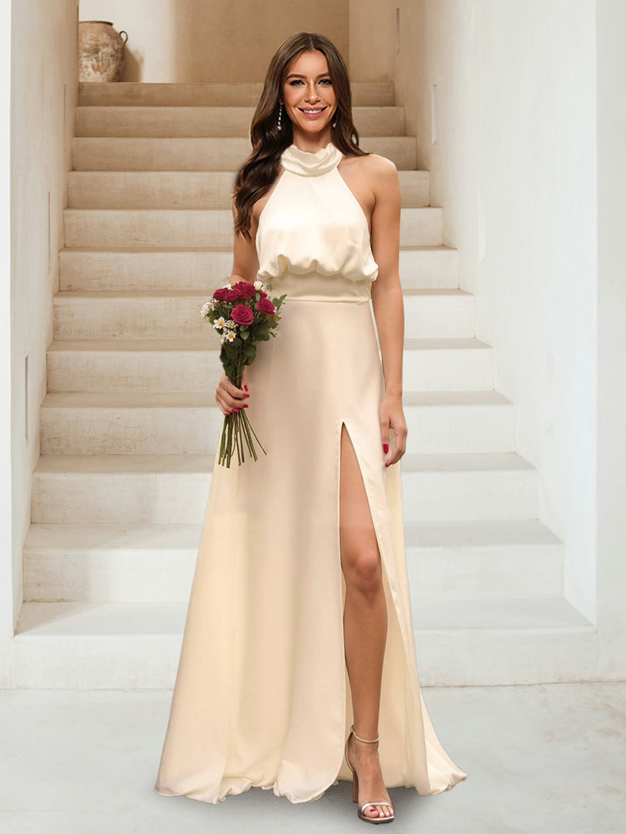 A-Line/Princess Halter Sleeveless Split Side Bridesmaid Dresses