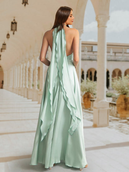 A-Line/Princess Halter Sleeveless Watteau Train Bridesmaid Dresses