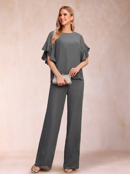 Chiffon Scoop Half Sleeves 3 Pieces Pantsuits with Ruffles