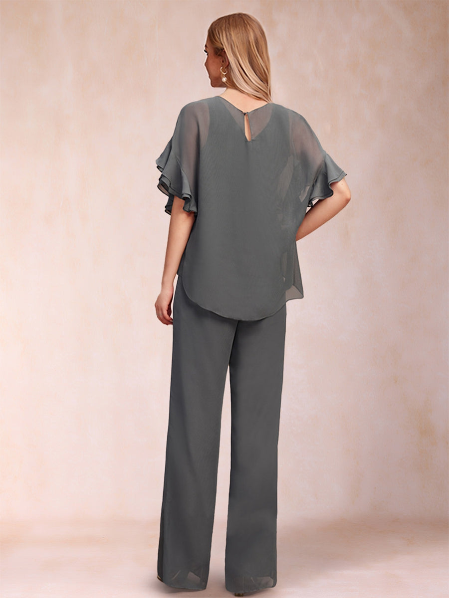 Chiffon Scoop Half Sleeves 3 Pieces Pantsuits with Ruffles