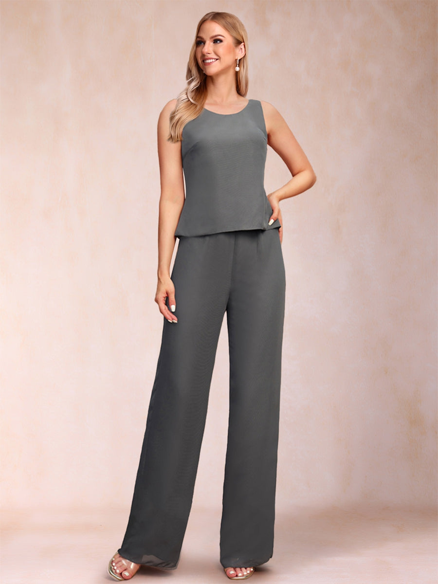 Chiffon Scoop Half Sleeves 3 Pieces Pantsuits with Ruffles