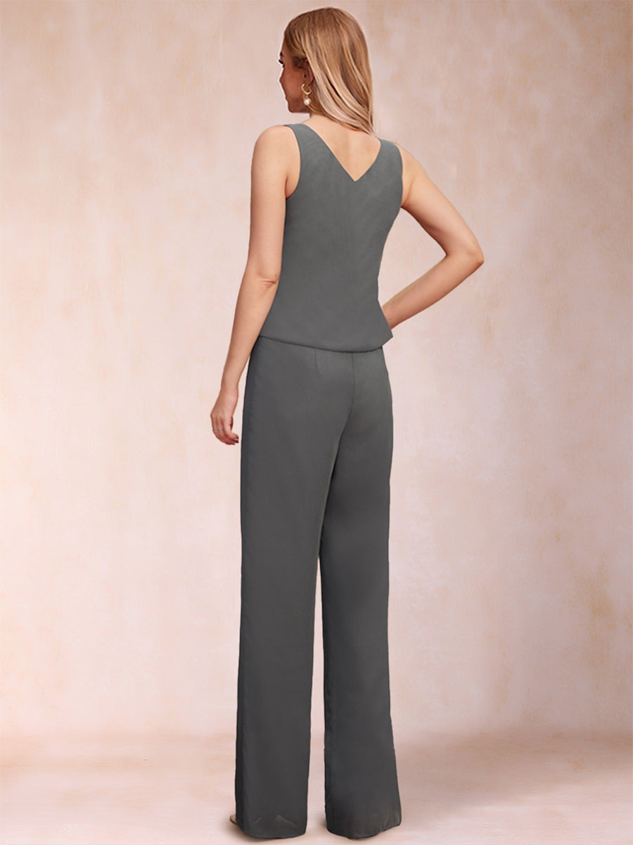 Chiffon Scoop Half Sleeves 3 Pieces Pantsuits with Ruffles