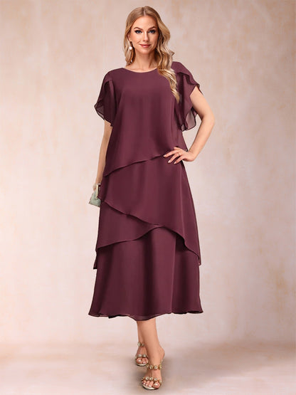 Sheath/Column Scoop Short Sleeves Tiered Mother of the Bride Dresses