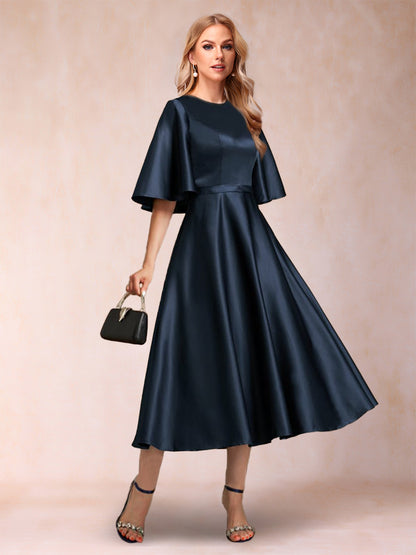 A-Line/Princess Scoop Half Sleeves Ruched Mother of the Bride Dresses