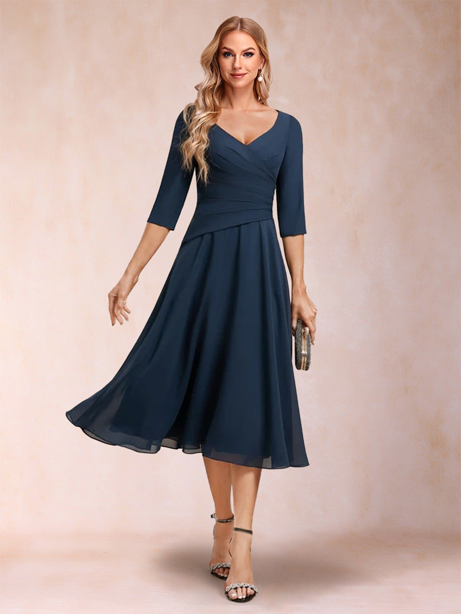 A-Line/Princess V-Neck Half Sleeves Ruched Mother of the Bride Dresses