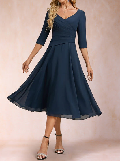 A-Line/Princess V-Neck Half Sleeves Ruched Mother of the Bride Dresses