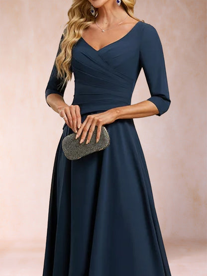 A-Line/Princess V-Neck Half Sleeves Ruched Mother of the Bride Dresses