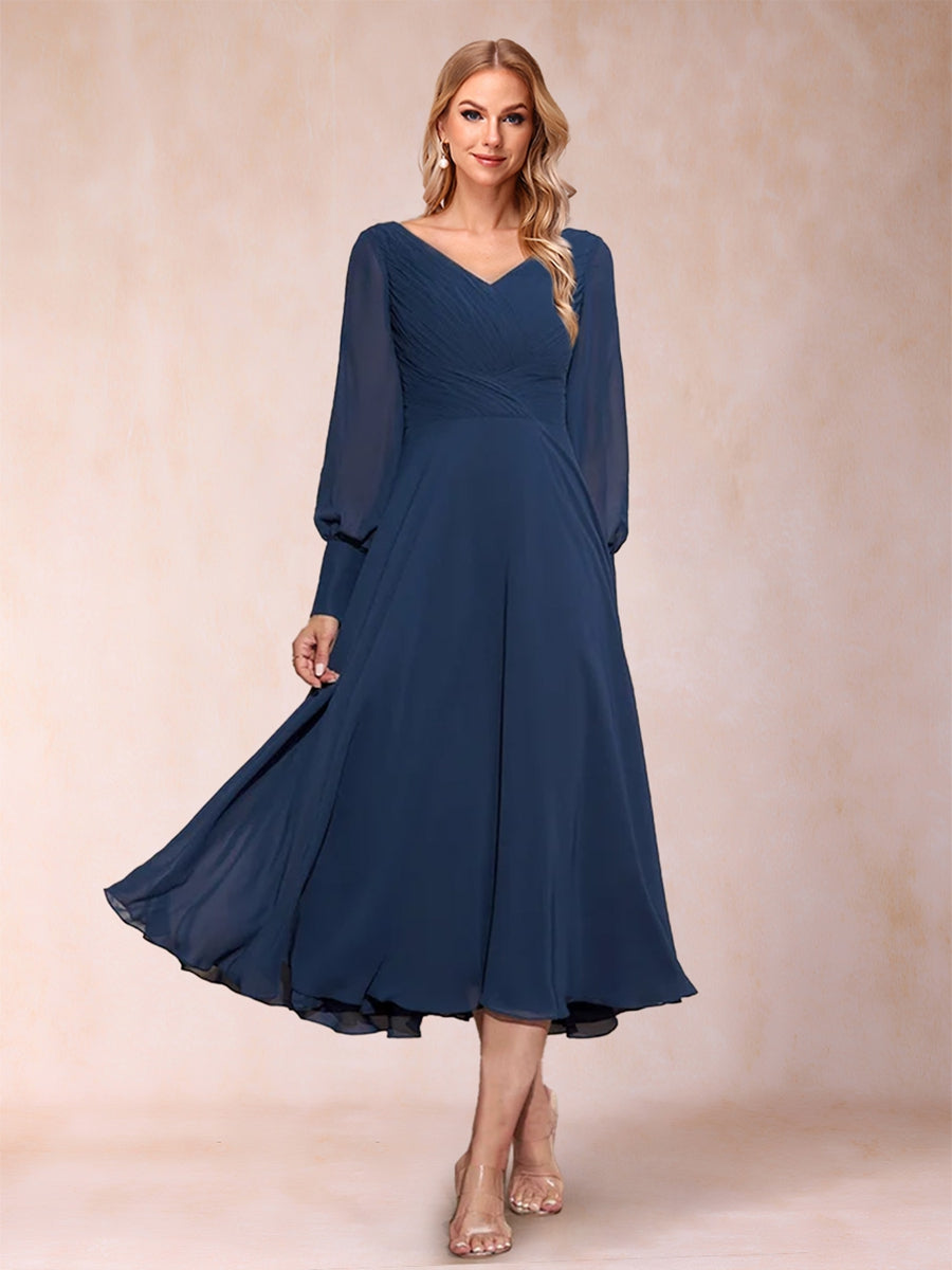 A-Line/Princess V-Neck Long Sleeves Ruched Mother of the Bride Dresses