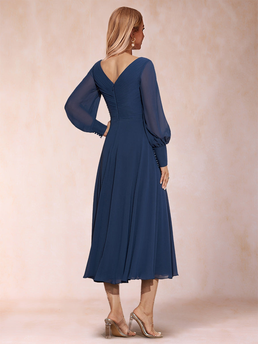 A-Line/Princess V-Neck Long Sleeves Ruched Mother of the Bride Dresses