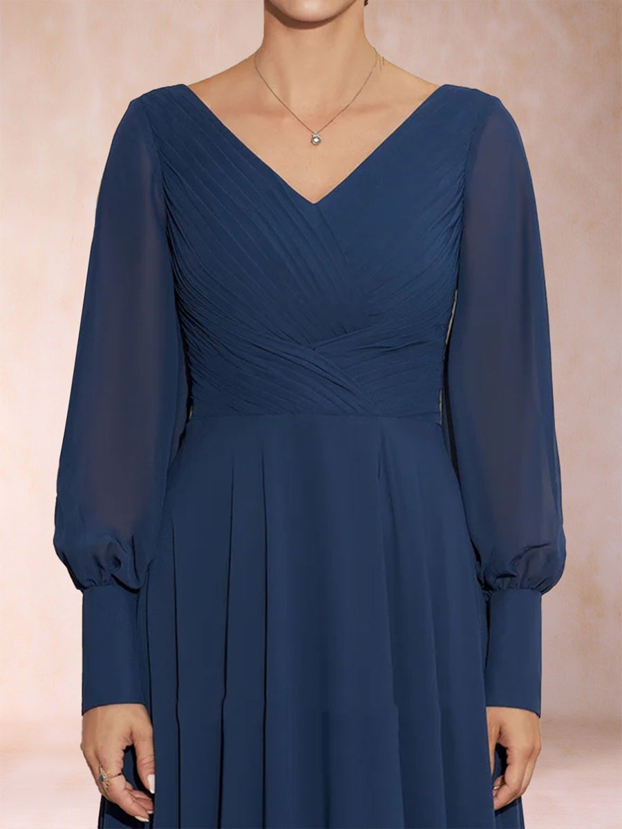 A-Line/Princess V-Neck Long Sleeves Ruched Mother of the Bride Dresses