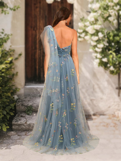 A-Line/Princess One-Shoulder Sleeveless Watteau Train Prom Dresses