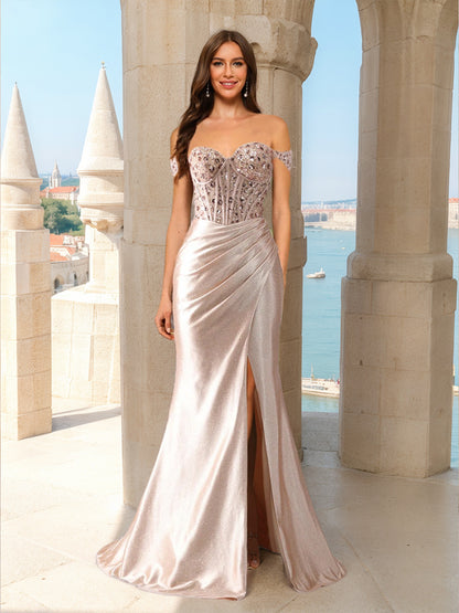 Trumpet/Mermaid Off-the-Shoulder Sleeveless Beading Prom Dresses