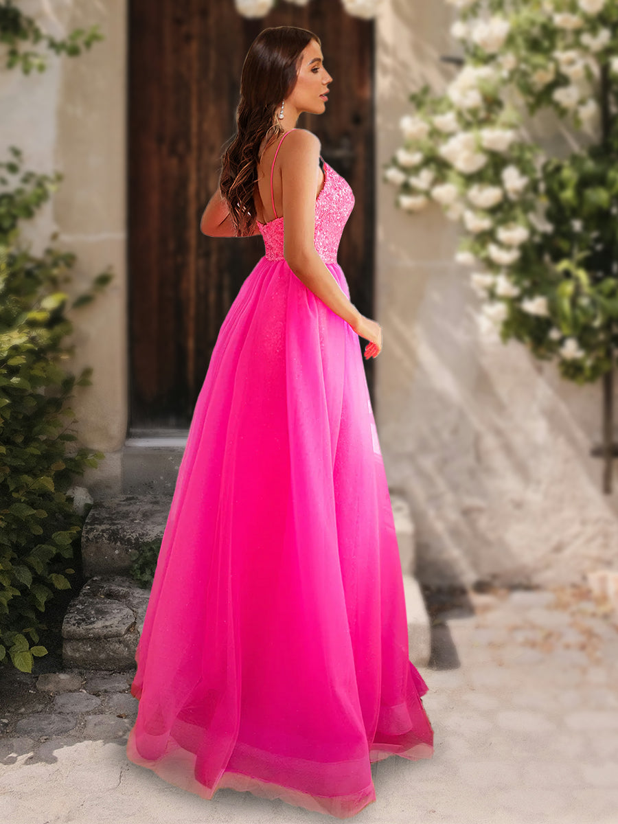 A-Line/Princess V-Neck Sleeveless Sequins Prom Dresses