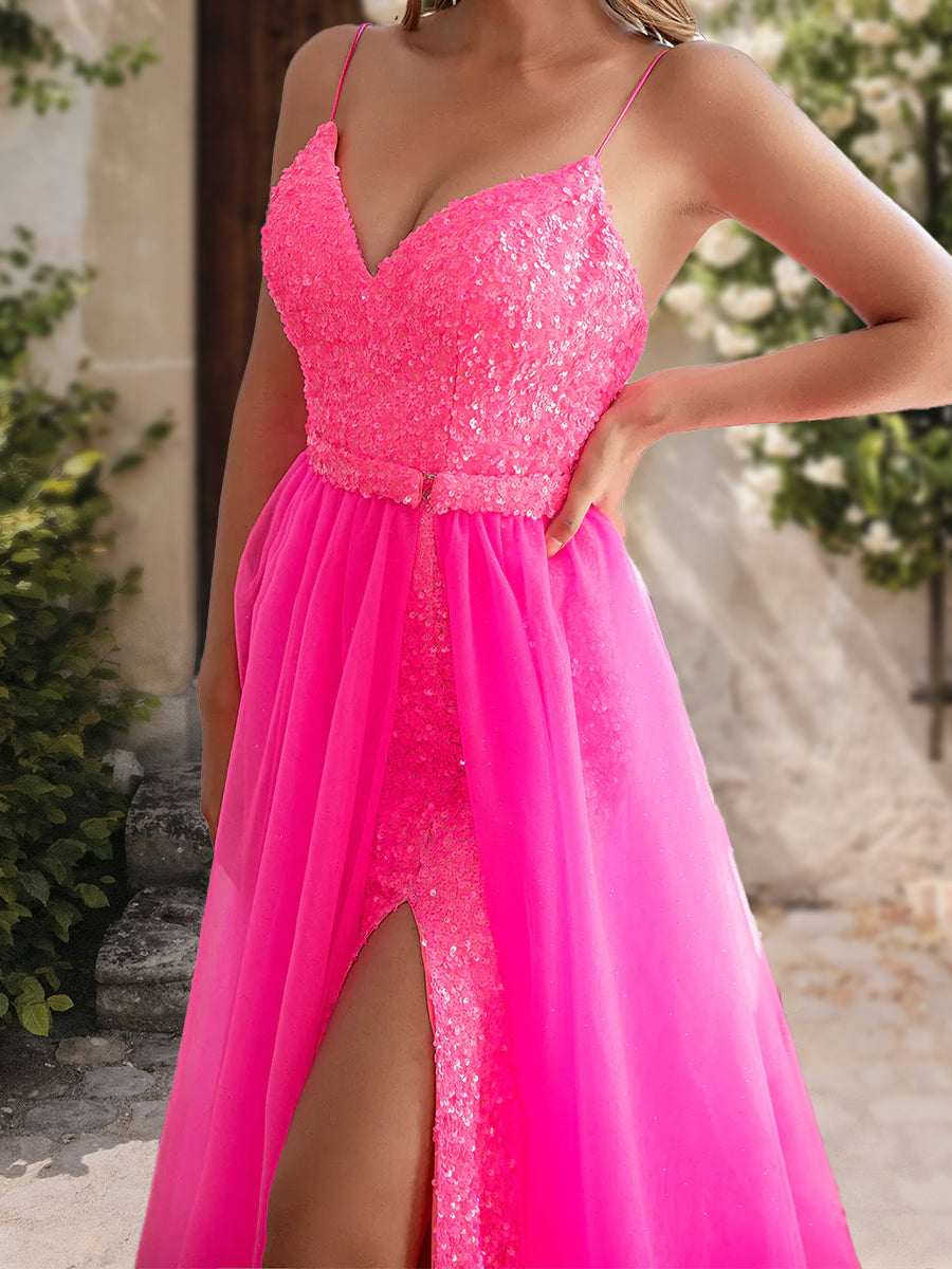 A-Line/Princess V-Neck Sleeveless Sequins Prom Dresses