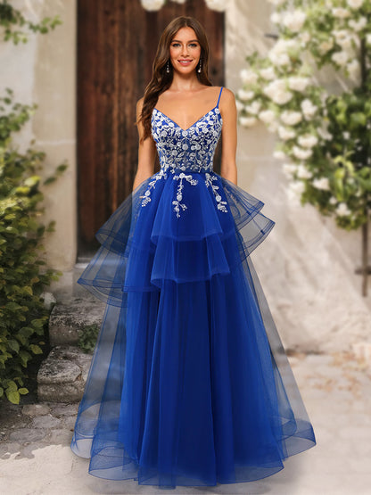 A-Line/Princess V-Neck Sleeveless Applique Prom Dresses