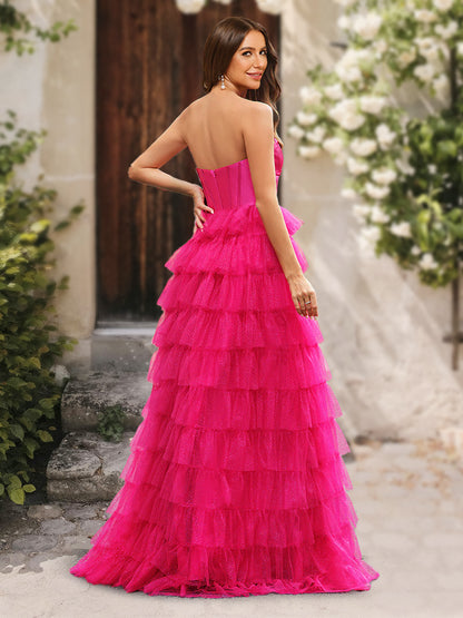 A-Line/Princess Strapless Ruffle Prom Dresses with Split Side