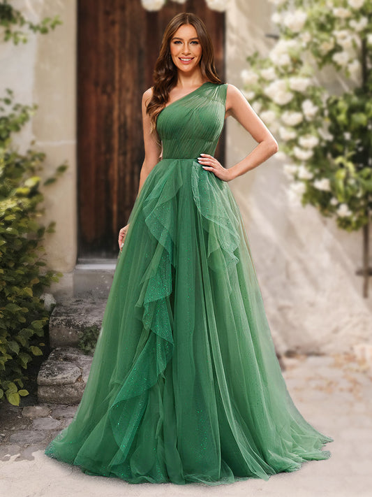 A-Line/Princess One-Shoulder Sleeveless Ruffles Prom Dresses