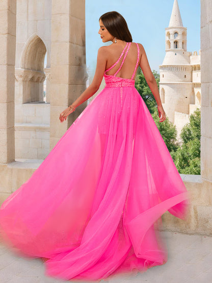 A-Line/Princess One-Shoulder Sleeveless Detachable Prom Dresses