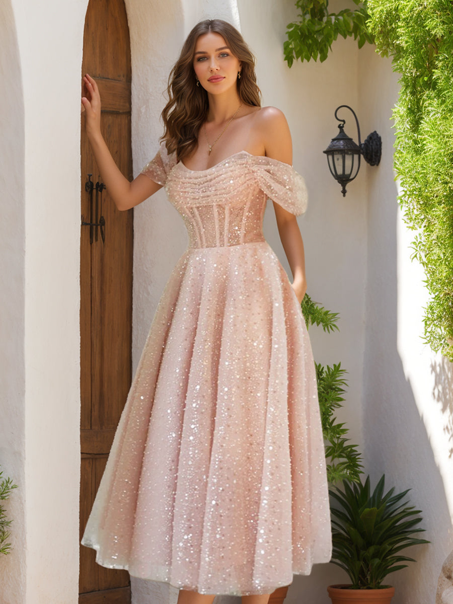 A-Line/Princess Off-the-Shoulder Sleeveless Ruched Prom Dresses