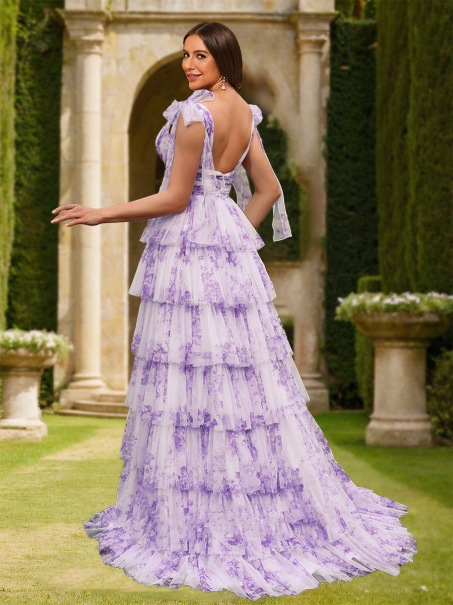 A-Line/Princess V-Neck Sleeveless Tiered Floral Prom Dresses