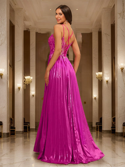 A-Line/Princess V-Neck Sleeveless Split Side Prom Dresses