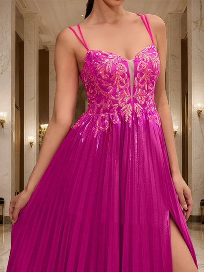 A-Line/Princess V-Neck Sleeveless Split Side Prom Dresses