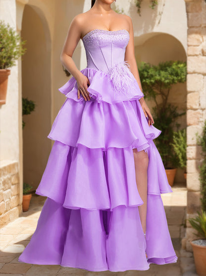 A-Line/Princess Strapless Sleeveless Beading Prom Dresses