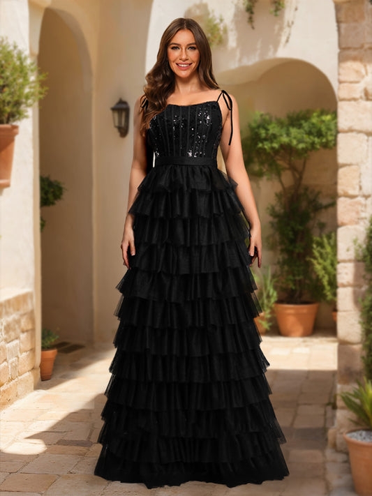 A-Line/Princess Spaghetti Straps Sleeveless Tiered Prom Dresses