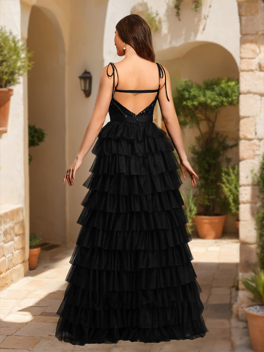 A-Line/Princess Spaghetti Straps Sleeveless Tiered Prom Dresses