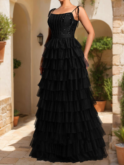 A-Line/Princess Spaghetti Straps Sleeveless Tiered Prom Dresses