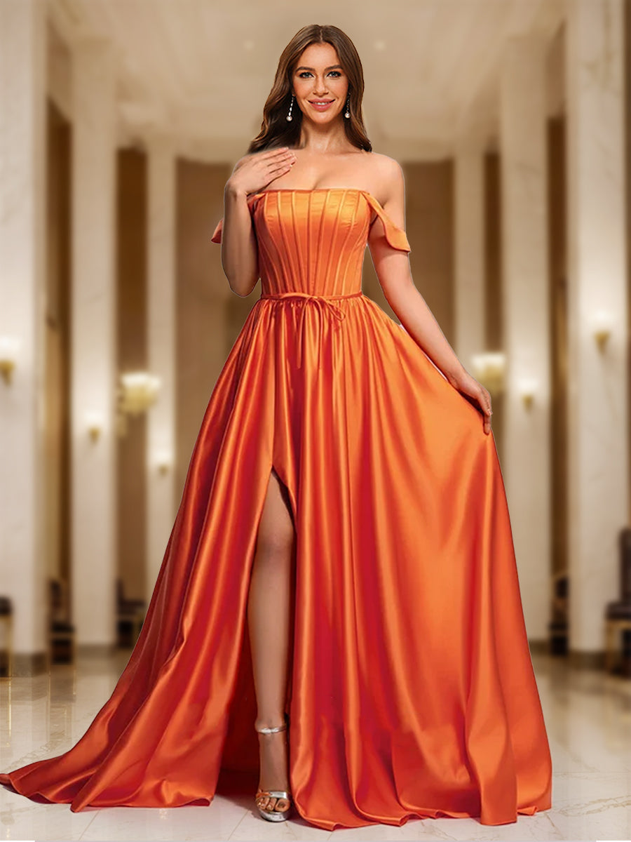 A-Line/Princess Off-the-Shoulder Long Prom Dresses with Split Side