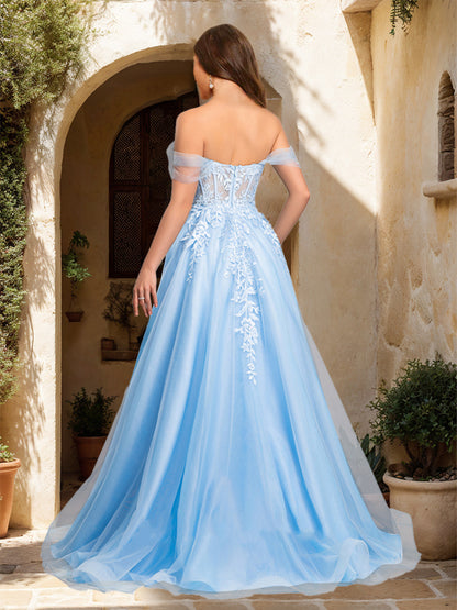 A-Line/Princess Sweetheart Appliques Tulle Prom Dresses with Split Side