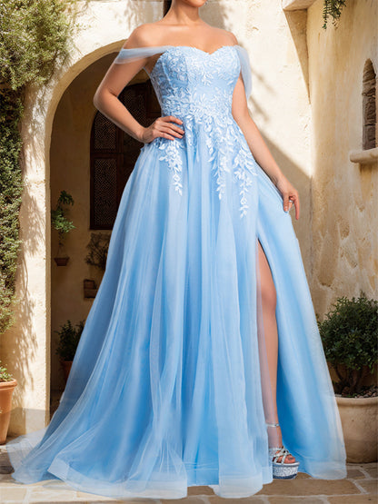 A-Line/Princess Sweetheart Appliques Tulle Prom Dresses with Split Side