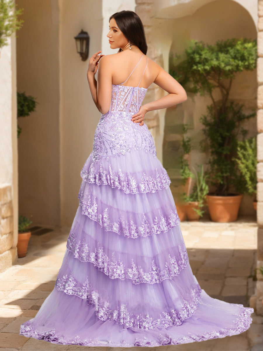 Trumpet/Mermaid One-Shoulder Tiered Prom Dresses with Sequin Appliques