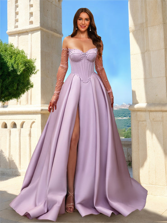 A-Line/Princess Strapless Corset Sheer Long Sleeves Prom Dresses with Pearls