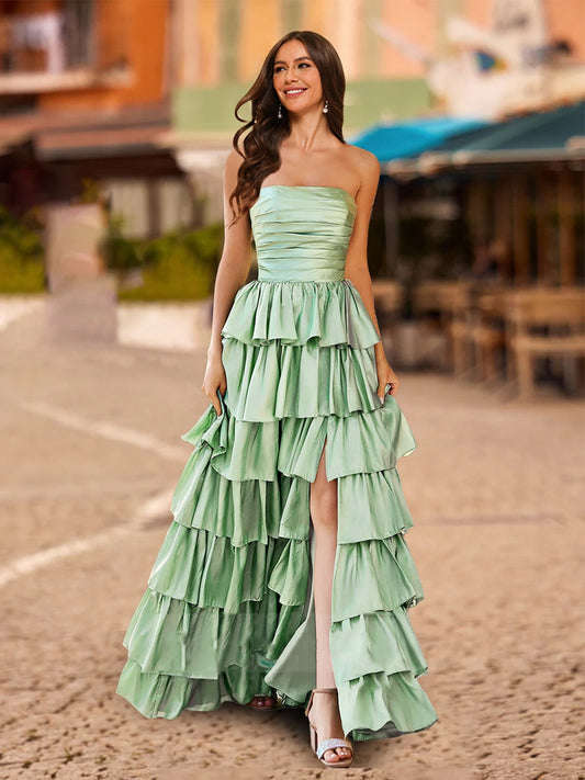 A-Line/Princess Strapless Ruffle Tiered Prom Dresses with Split Side