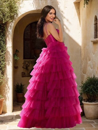 A-Line/Princess Spaghetti Straps Ruffle Prom Dresses with Split Side