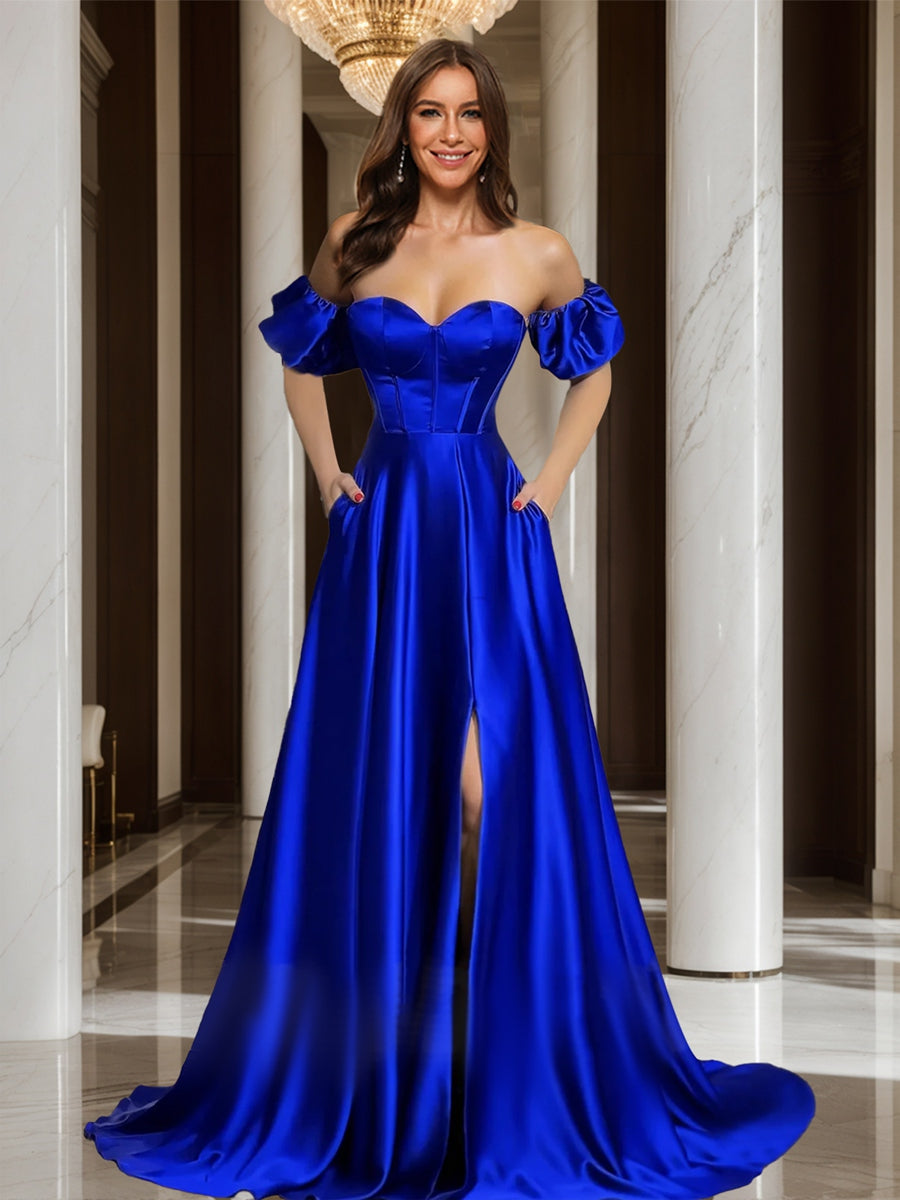 A-Line/Princess Sweetheart Strapless Corset Slit Long Prom Dresses with Detachable Sleeves