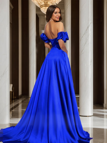 A-Line/Princess Sweetheart Strapless Corset Slit Long Prom Dresses with Detachable Sleeves