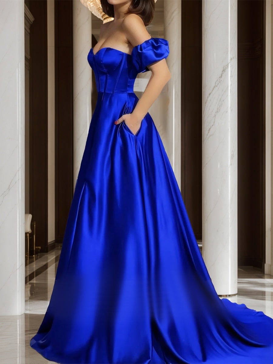 A-Line/Princess Sweetheart Strapless Corset Slit Long Prom Dresses with Detachable Sleeves