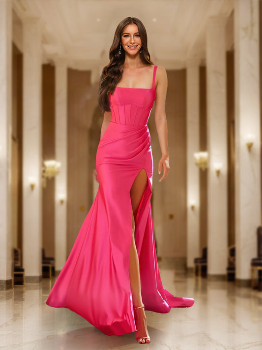 Trumpet/Mermaid Square Neck Straps Ruched Prom Dresses with Split Side