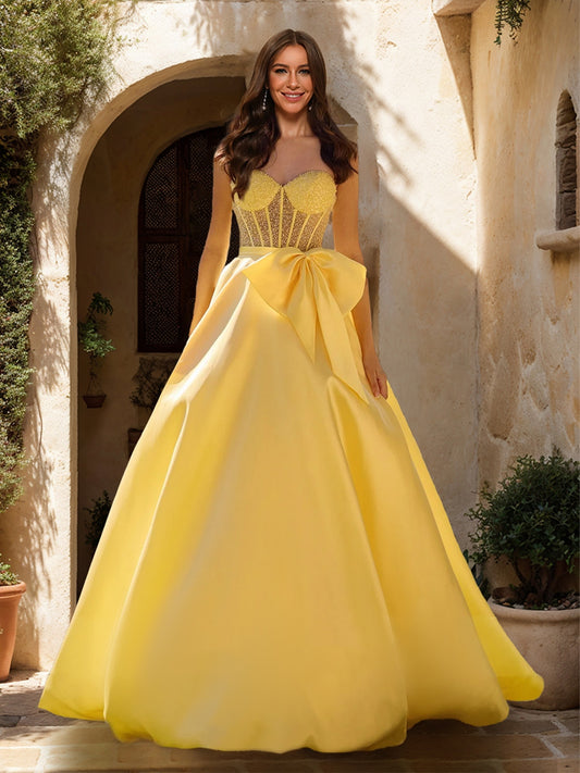 A-Line/Princess Sweetheart Sheer Corset Beaded Prom Dresses with Bow