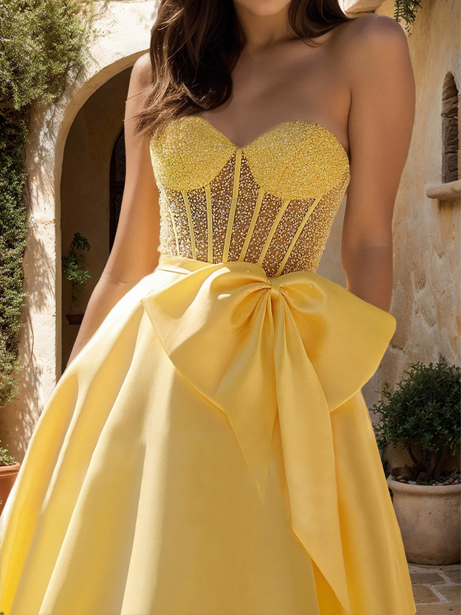 A-Line/Princess Sweetheart Sheer Corset Beaded Prom Dresses with Bow